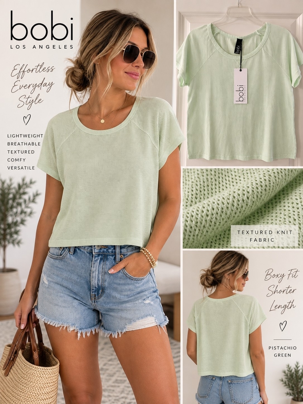 Bobi Los Angeles Pistachio Textured Boxy Cropped Tee Top Small NWT